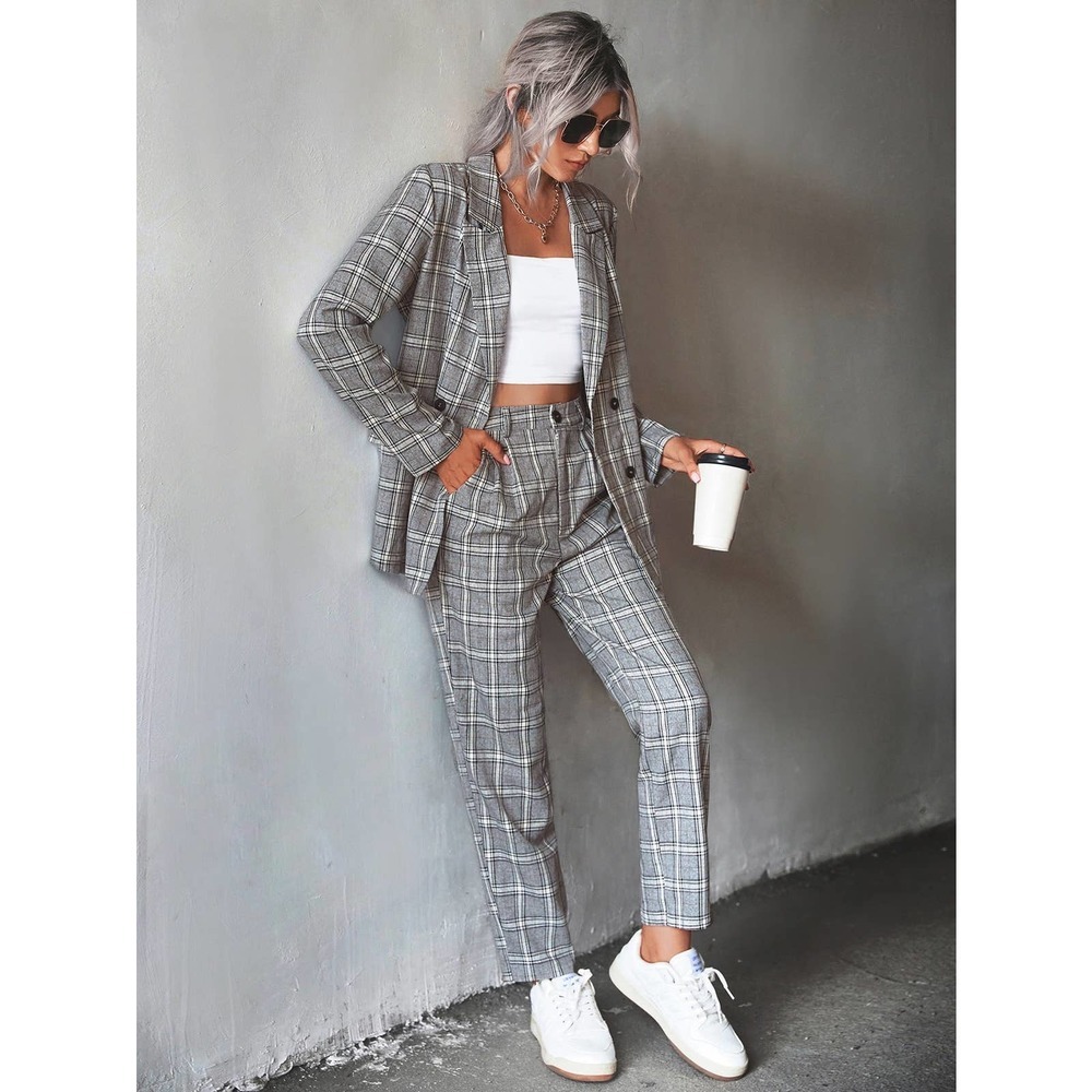 2 piece set pantsuit Plaid Double Breasted Blazer & dress Pants gray - Picture 1 of 8